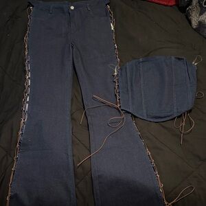 Dark Blue Lace-Up Flare Jeans with Matching Crop top